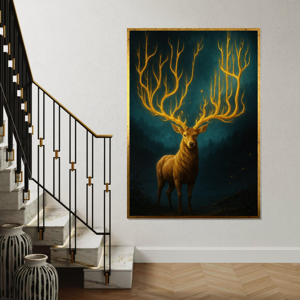Majestic Stag Canvas, Glowing Antlers Art, Nature Wall Decor, Wall Art Canvas Design, Enchanting Forest Print, Ready To Hang Decoration