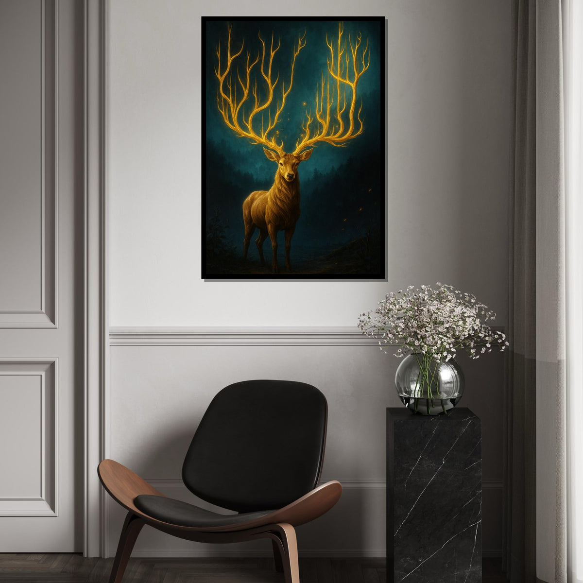 Majestic Stag Canvas, Glowing Antlers Art, Nature Wall Decor, Wall Art Canvas Design, Enchanting Forest Print, Ready To Hang Decoration