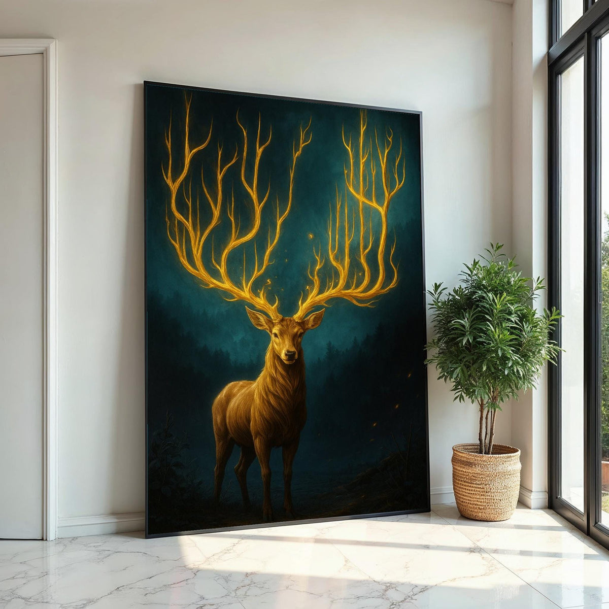 Majestic Stag Canvas, Glowing Antlers Art, Nature Wall Decor, Wall Art Canvas Design, Enchanting Forest Print, Ready To Hang Decoration