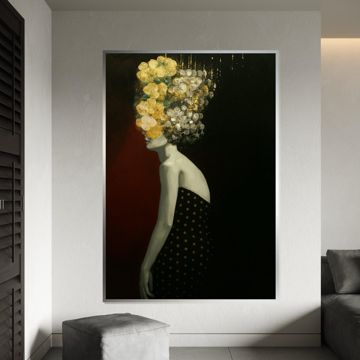 Abstract Floral Head, Silhouette Canvas Art, Modern Woman Wall Art, Black and Gold Canvas Design, Ready To Hang Decoration, Gift Art
