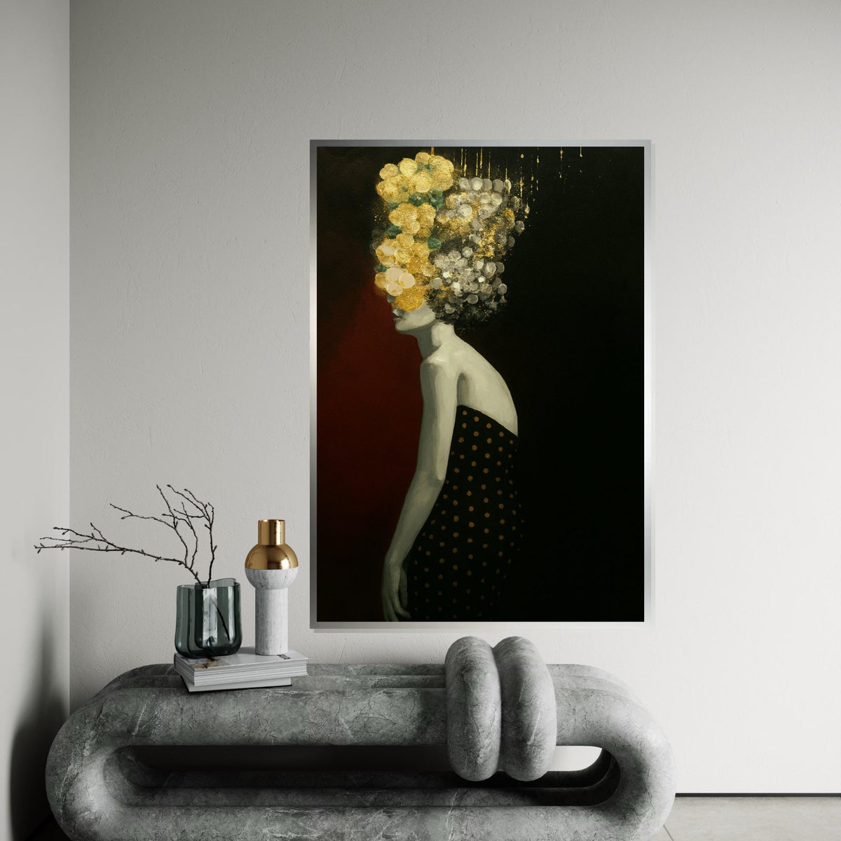 Abstract Floral Head, Silhouette Canvas Art, Modern Woman Wall Art, Black and Gold Canvas Design, Ready To Hang Decoration, Gift Art