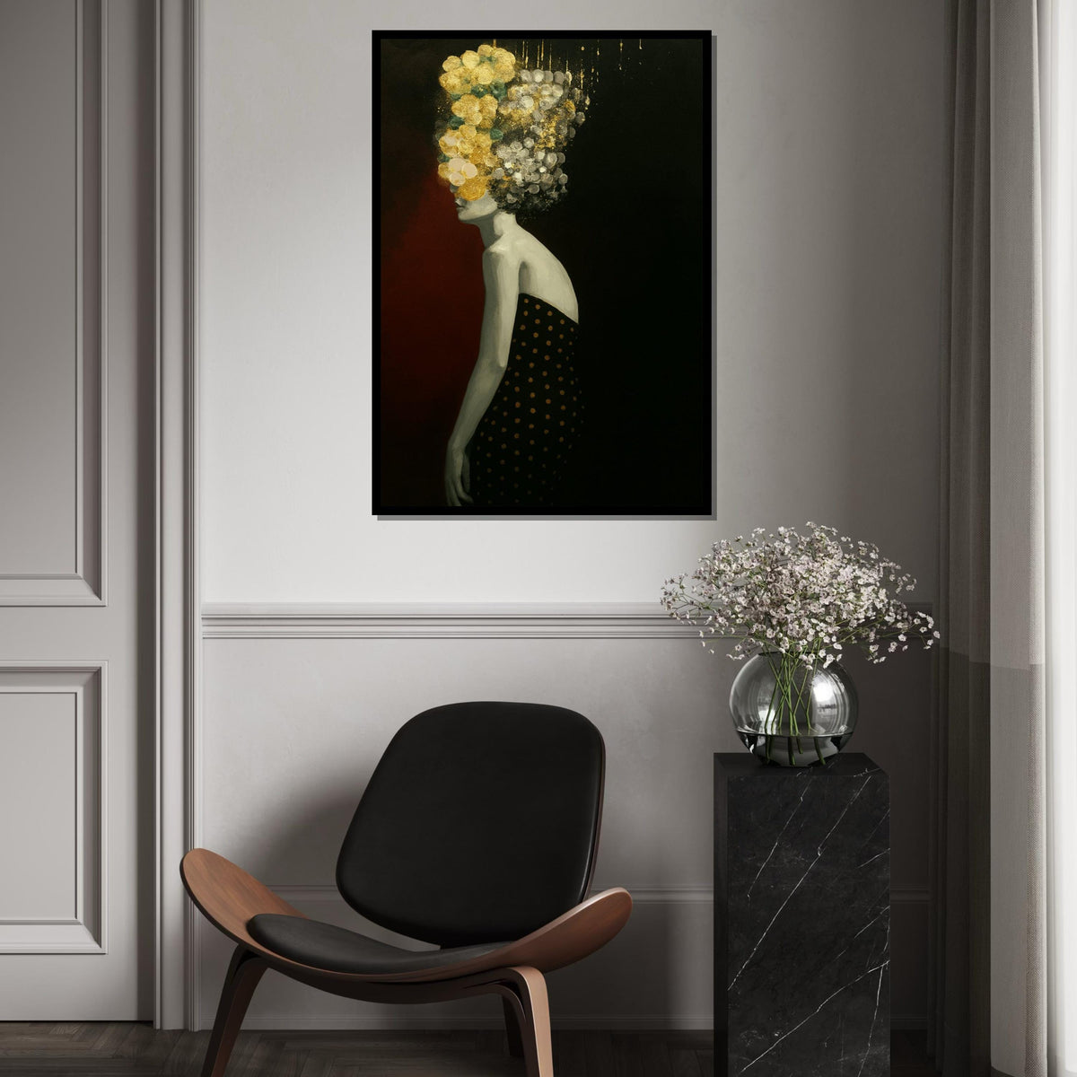 Abstract Floral Head, Silhouette Canvas Art, Modern Woman Wall Art, Black and Gold Canvas Design, Ready To Hang Decoration, Gift Art