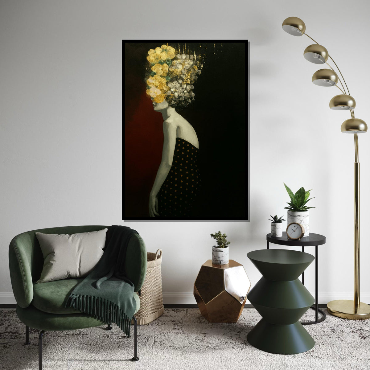 Abstract Floral Head, Silhouette Canvas Art, Modern Woman Wall Art, Black and Gold Canvas Design, Ready To Hang Decoration, Gift Art