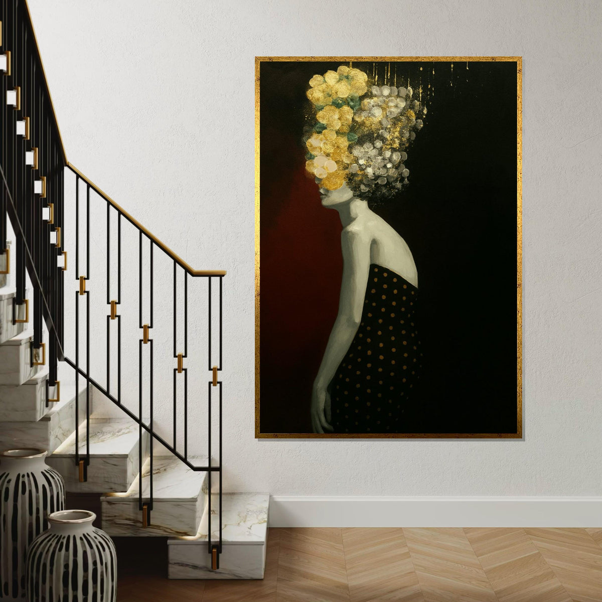 Abstract Floral Head, Silhouette Canvas Art, Modern Woman Wall Art, Black and Gold Canvas Design, Ready To Hang Decoration, Gift Art