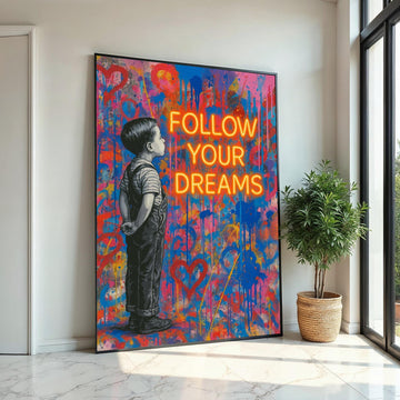 Dreamer Boy Canvas Art, Urban Graffiti Style, Inspirational Wall Art, Follow Your Dreams Poster, Vibrant Canvas Design, Ready to Hang