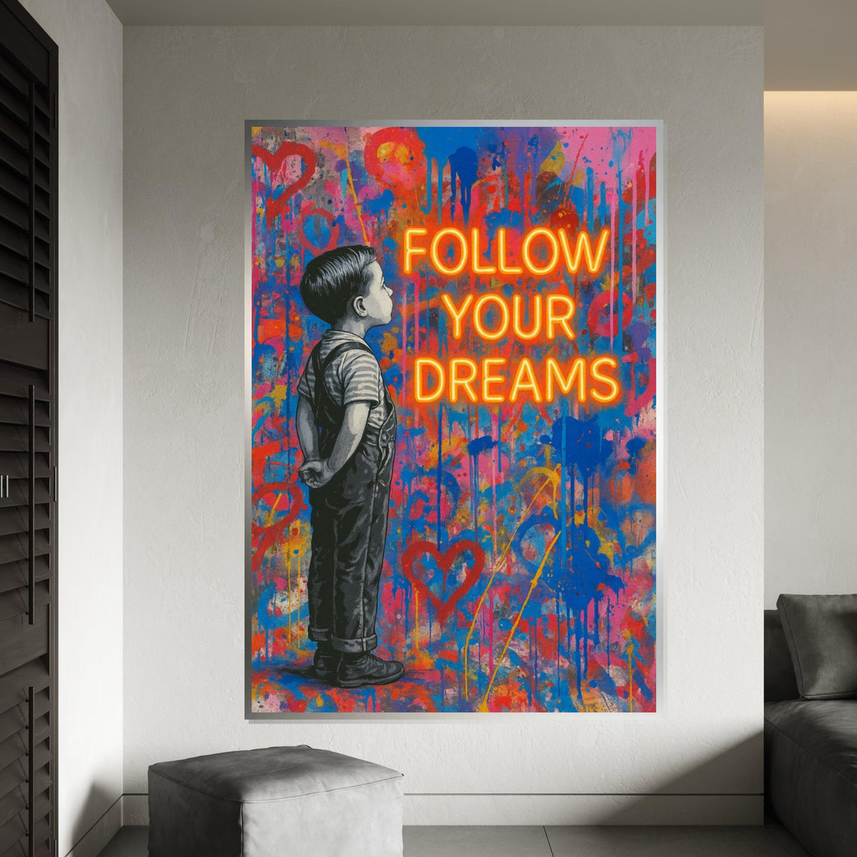 Dreamer Boy Canvas Art, Urban Graffiti Style, Inspirational Wall Art, Follow Your Dreams Poster, Vibrant Canvas Design, Ready to Hang