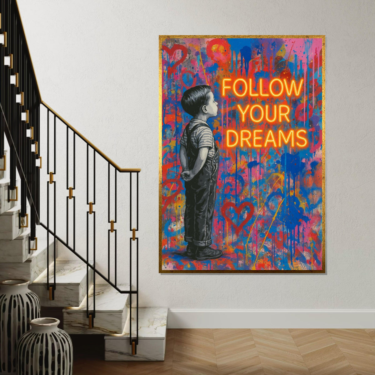 Dreamer Boy Canvas Art, Urban Graffiti Style, Inspirational Wall Art, Follow Your Dreams Poster, Vibrant Canvas Design, Ready to Hang