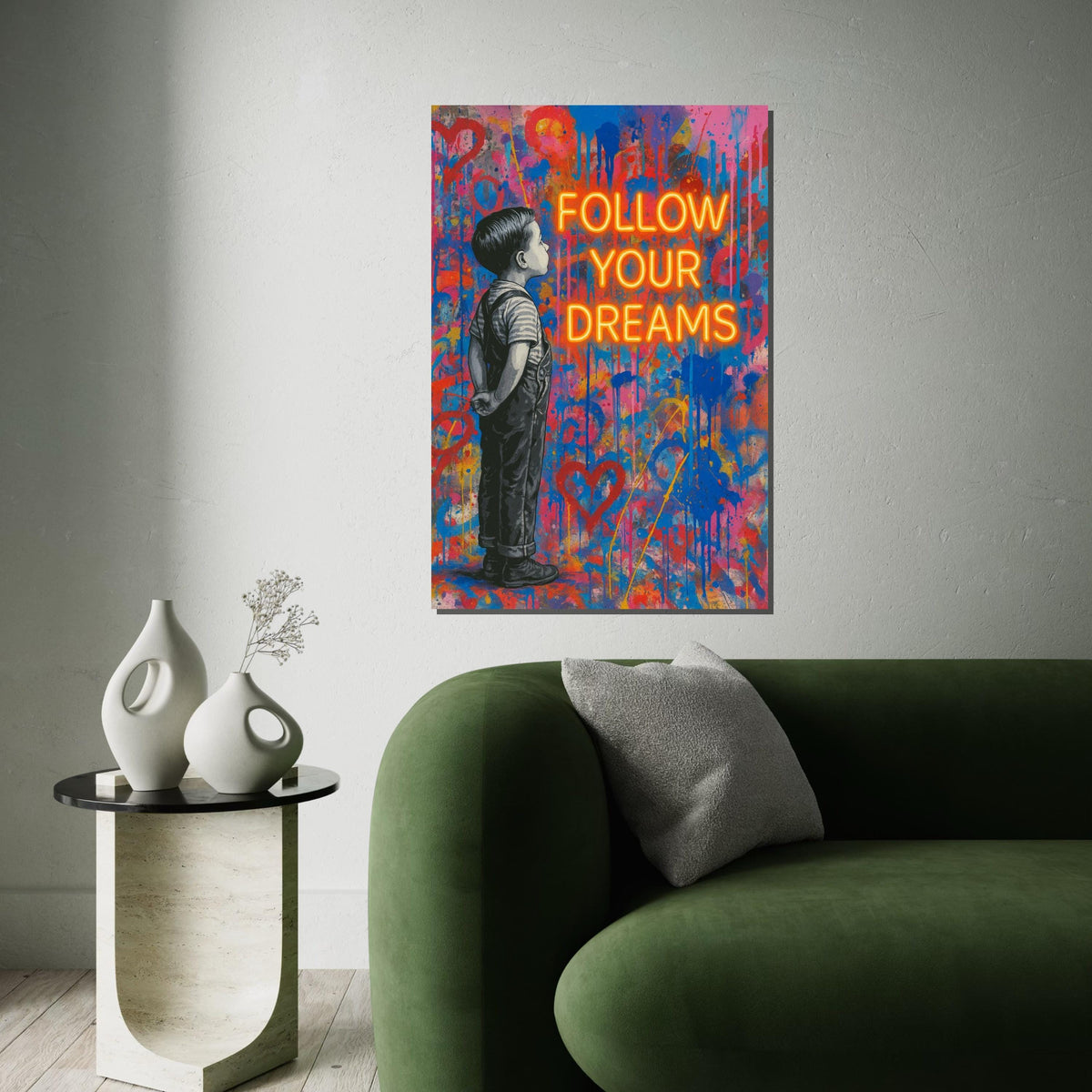 Dreamer Boy Canvas Art, Urban Graffiti Style, Inspirational Wall Art, Follow Your Dreams Poster, Vibrant Canvas Design, Ready to Hang
