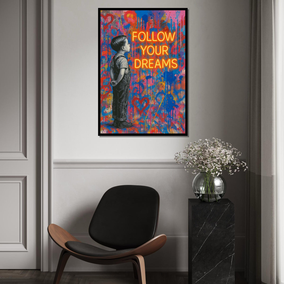 Dreamer Boy Canvas Art, Urban Graffiti Style, Inspirational Wall Art, Follow Your Dreams Poster, Vibrant Canvas Design, Ready to Hang