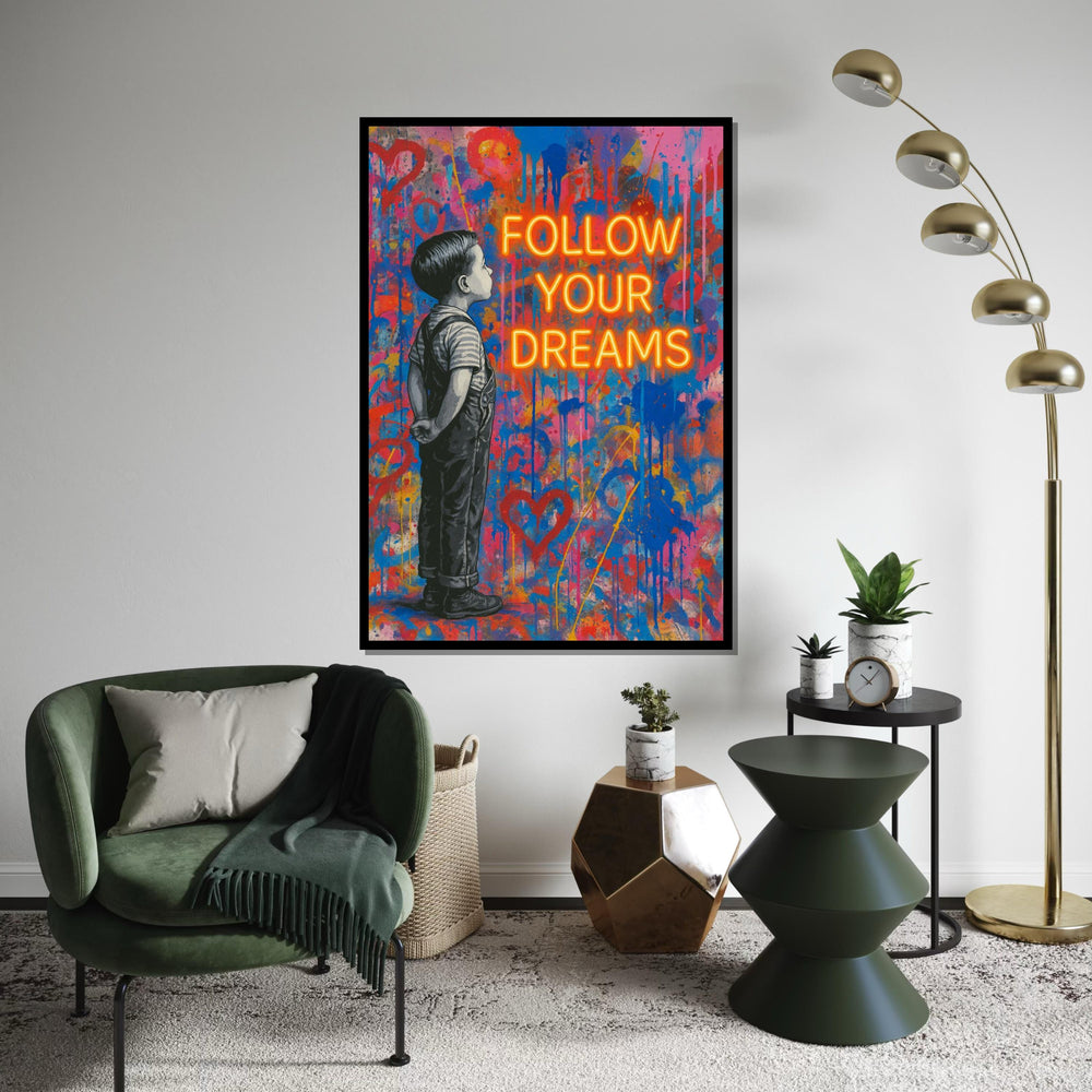 Dreamer Boy Canvas Art, Urban Graffiti Style, Inspirational Wall Art, Follow Your Dreams Poster, Vibrant Canvas Design, Ready to Hang