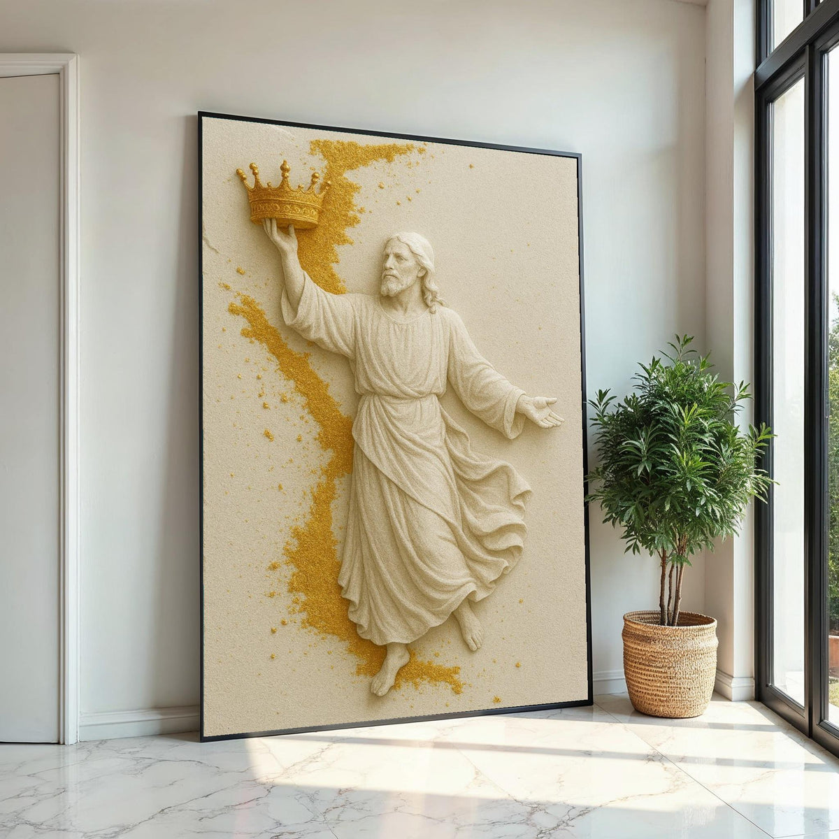 Golden Crown Jesus Canvas, Religious Wall Art, Divine Savior Poster, Wall Art Canvas Design, Ready to Hang Decoration