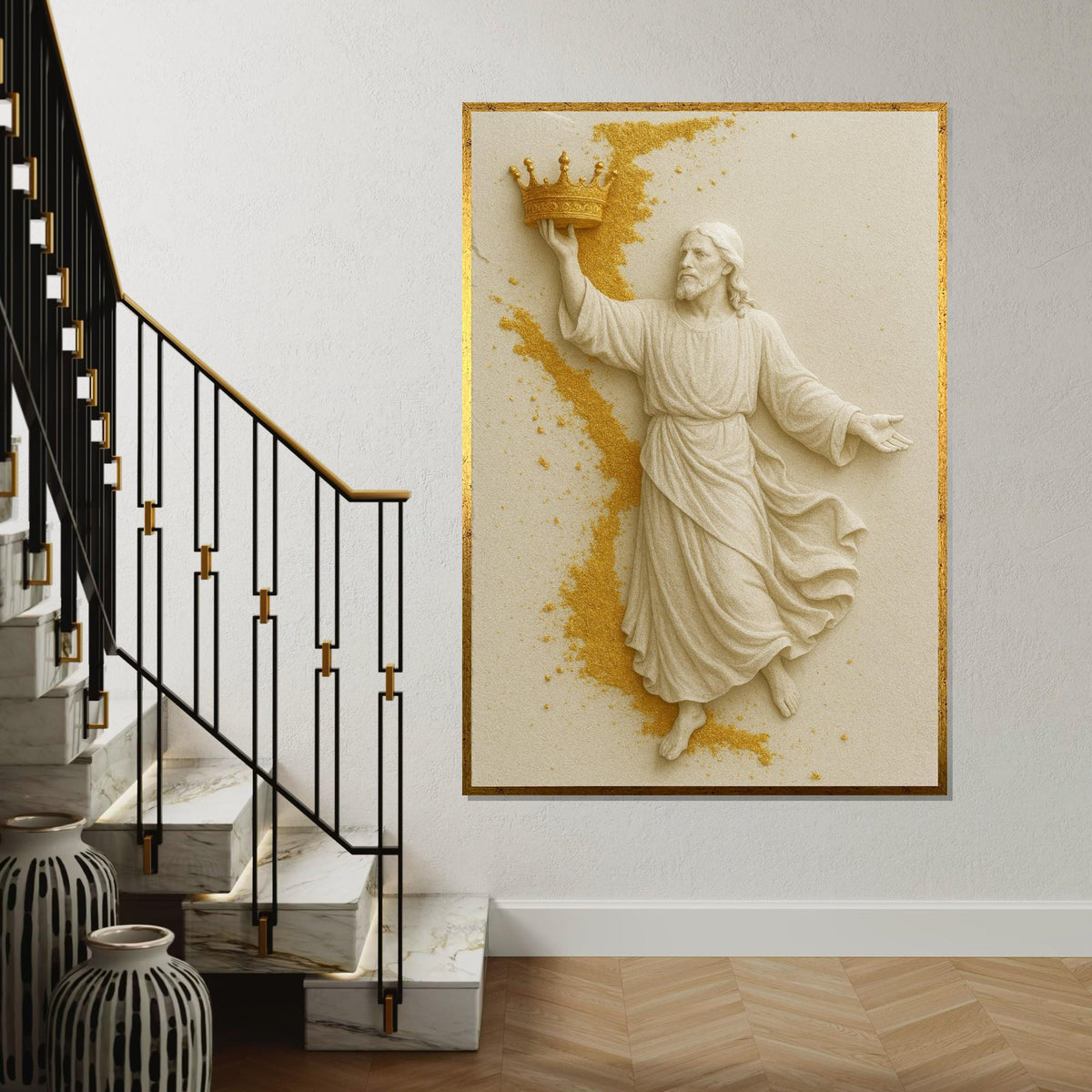 Golden Crown Jesus Canvas, Religious Wall Art, Divine Savior Poster, Wall Art Canvas Design, Ready to Hang Decoration