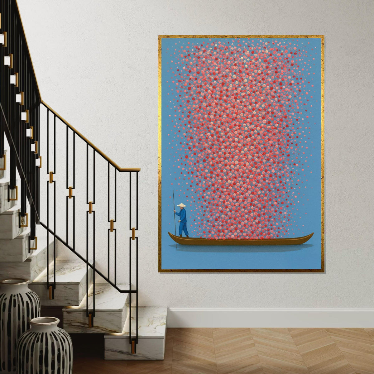 Boatman Canvas, Colorful Dot Art, Abstract Wall Art, Dotted Canvas Design, Art for Living Room, Ready to Hang Canvas Decor