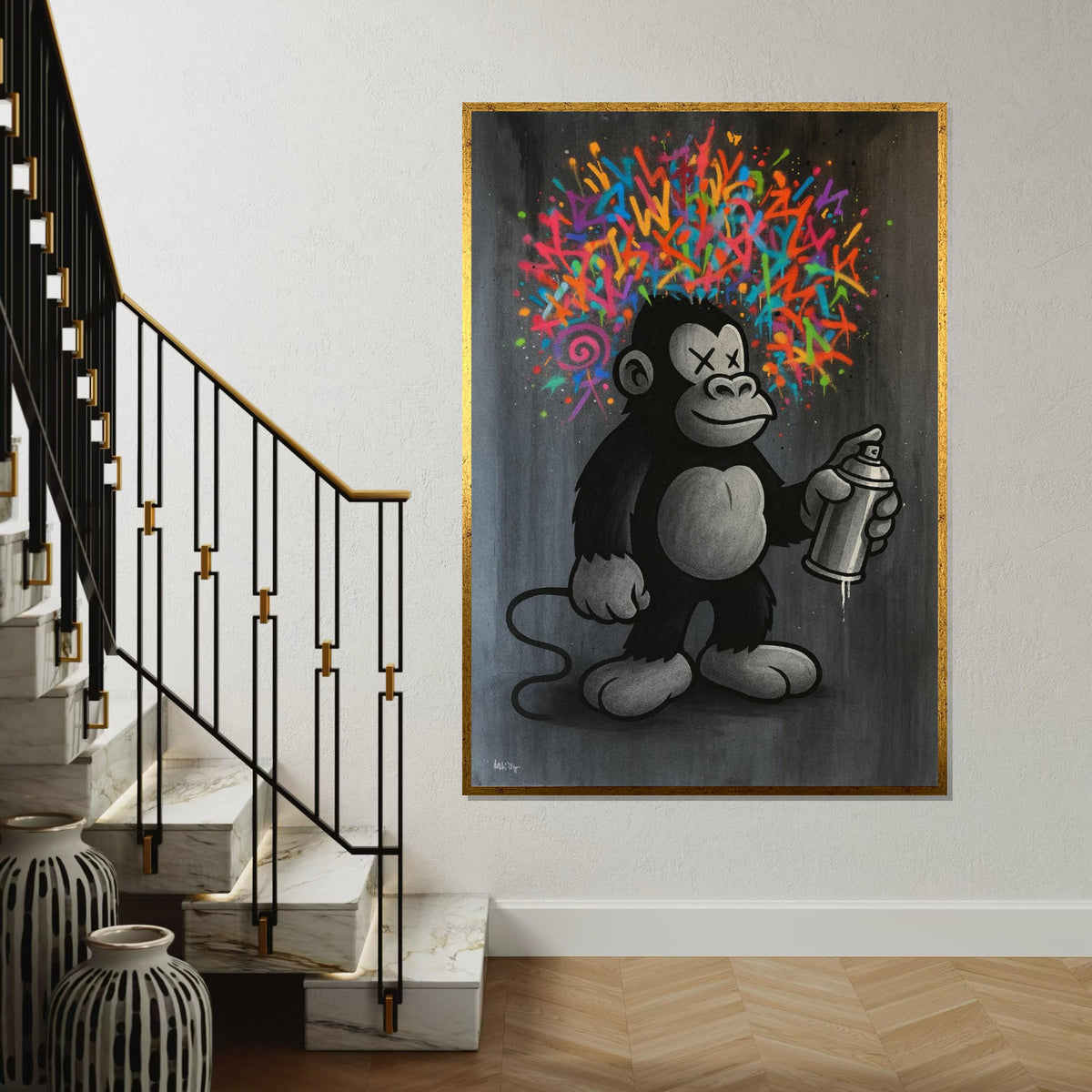 Graffiti Ape Canvas, Colorful Spray Paint Monkey Art, Urban Wall Art, Pop Art Canvas Design, Ready To Hang Street Art Decor, Gift Art
