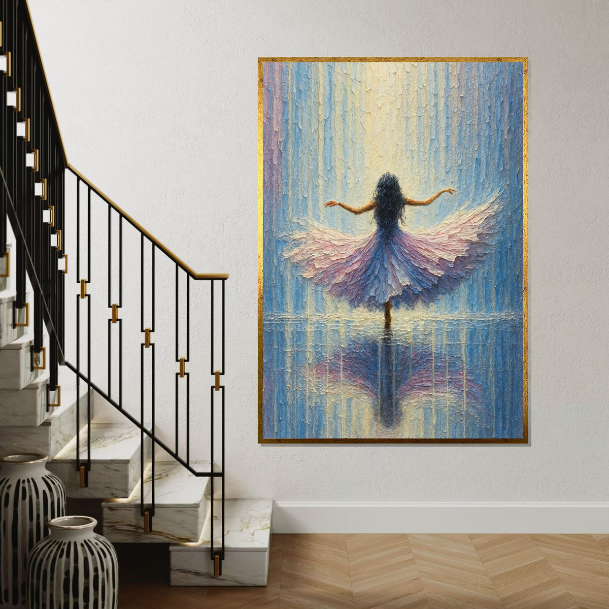 Ballerina Elegance, Dreamy Dance Canvas, Blue  Pink Wall Art, Impressionist Style, Wall Art Canvas Design,Ready to Hang Decoration,Music Art