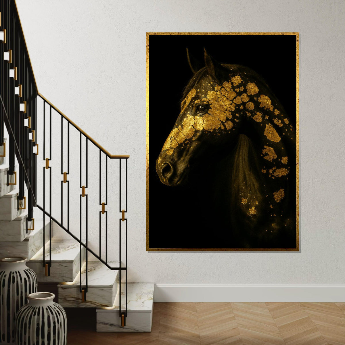Golden Horse Elegance, Gold Horse Canvas Art, Animal Wall Art Print, Wall Art Canvas Design, Ready To Hang, Sophisticated Horse Decor