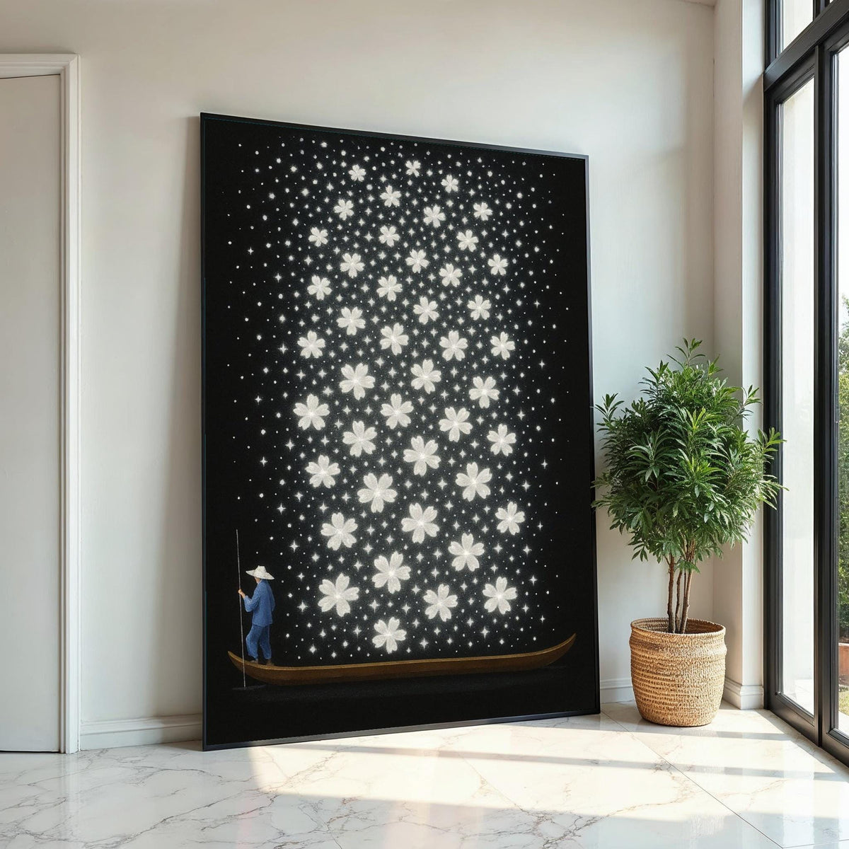 Boatman Blooms, Floral River Canvas, Starry Blossom Art, Wall Art Canvas Design, Ready To Hang, Dreamy Flower Night Sky, Print Art