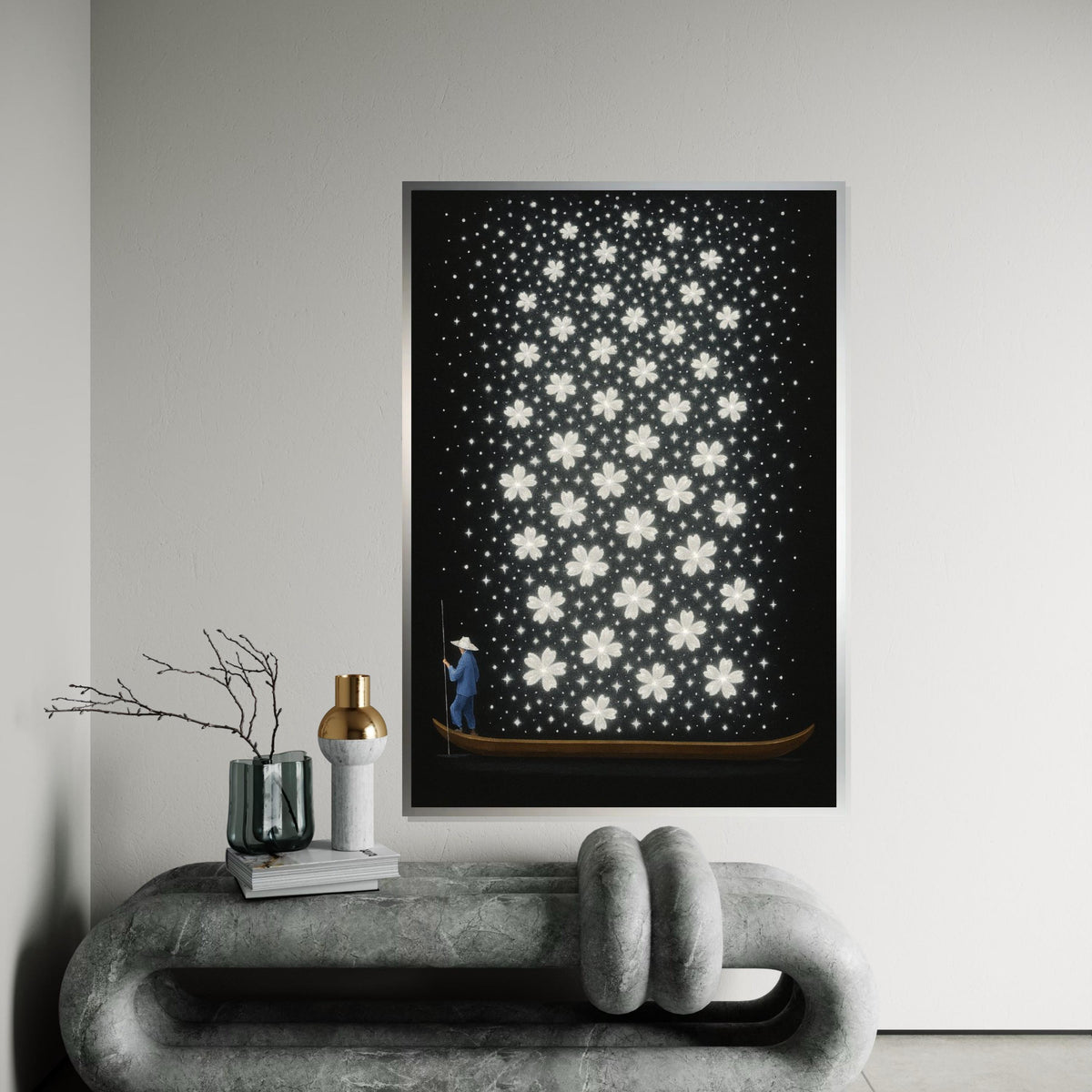 Boatman Blooms, Floral River Canvas, Starry Blossom Art, Wall Art Canvas Design, Ready To Hang, Dreamy Flower Night Sky, Print Art