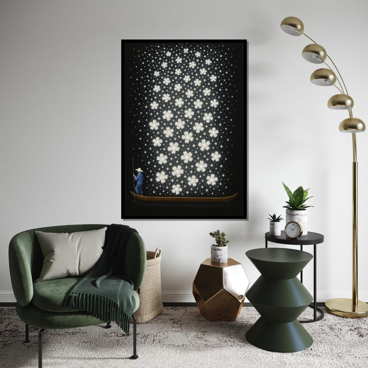 Boatman Blooms, Floral River Canvas, Starry Blossom Art, Wall Art Canvas Design, Ready To Hang, Dreamy Flower Night Sky, Print Art