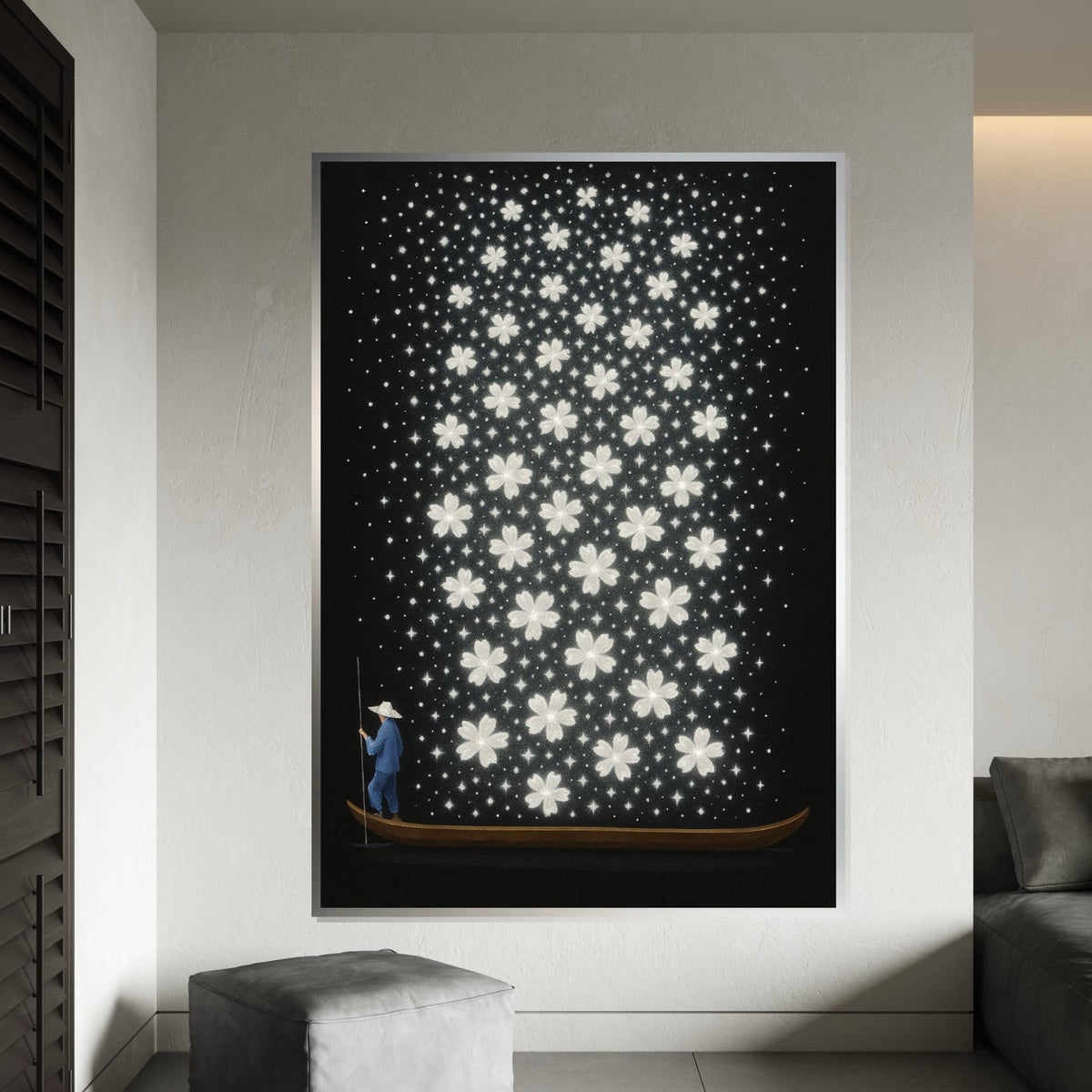 Boatman Blooms, Floral River Canvas, Starry Blossom Art, Wall Art Canvas Design, Ready To Hang, Dreamy Flower Night Sky, Print Art