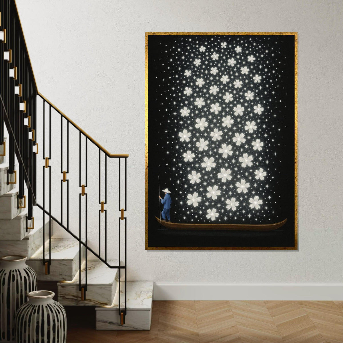 Boatman Blooms, Floral River Canvas, Starry Blossom Art, Wall Art Canvas Design, Ready To Hang, Dreamy Flower Night Sky, Print Art