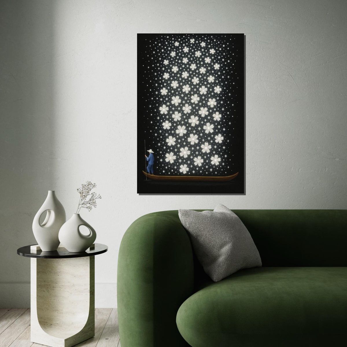 Boatman Blooms, Floral River Canvas, Starry Blossom Art, Wall Art Canvas Design, Ready To Hang, Dreamy Flower Night Sky, Print Art