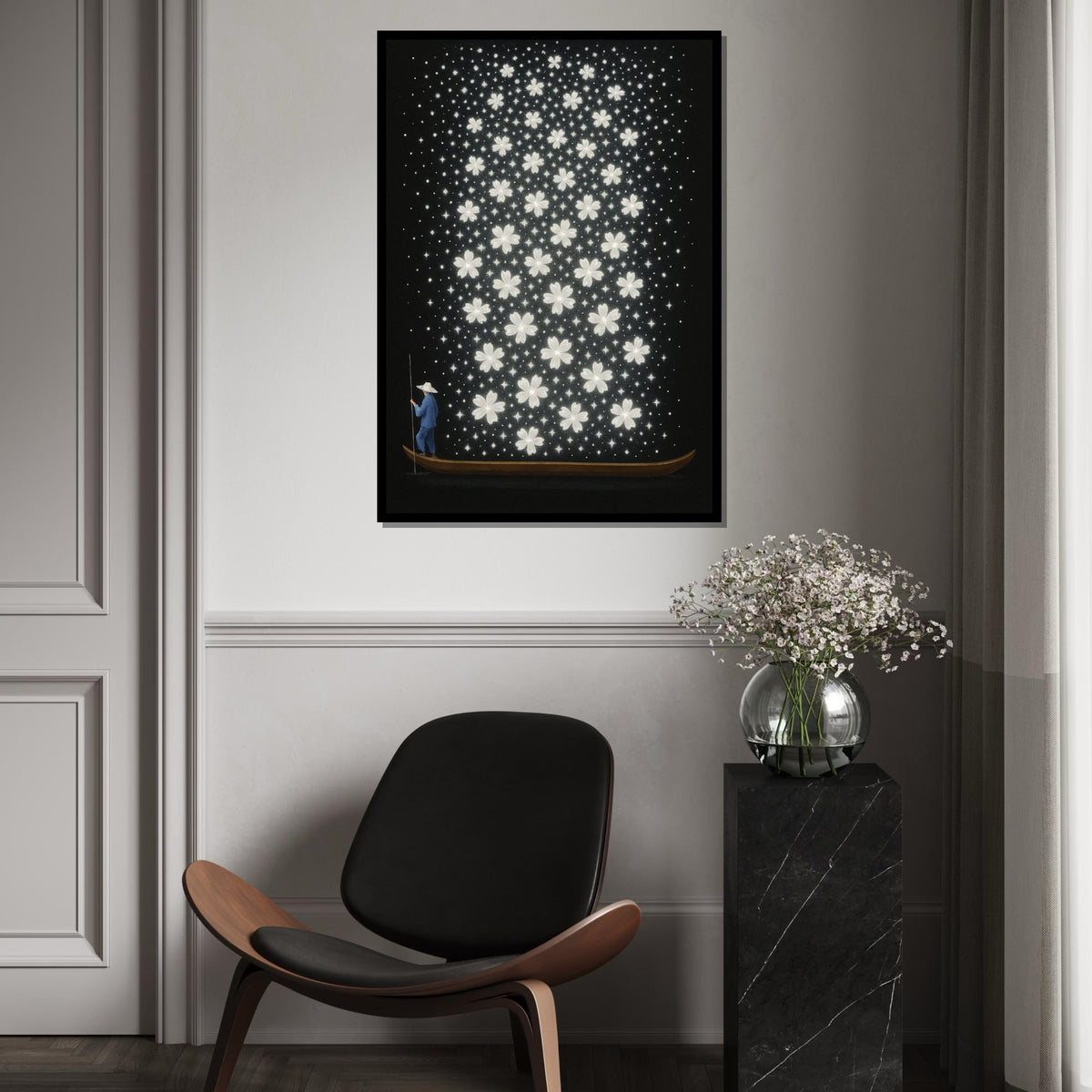 Boatman Blooms, Floral River Canvas, Starry Blossom Art, Wall Art Canvas Design, Ready To Hang, Dreamy Flower Night Sky, Print Art