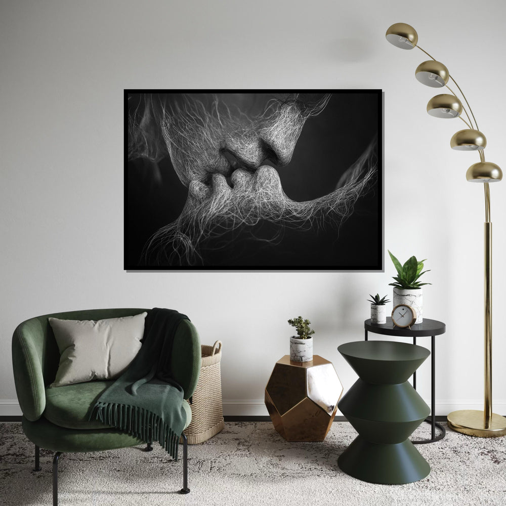 Abstract Lovers Canvas, Intimate Art Print, Surreal Black and White Wall Art, Emotive Kiss Canvas Design, Ready to Hang Contemporary Decor