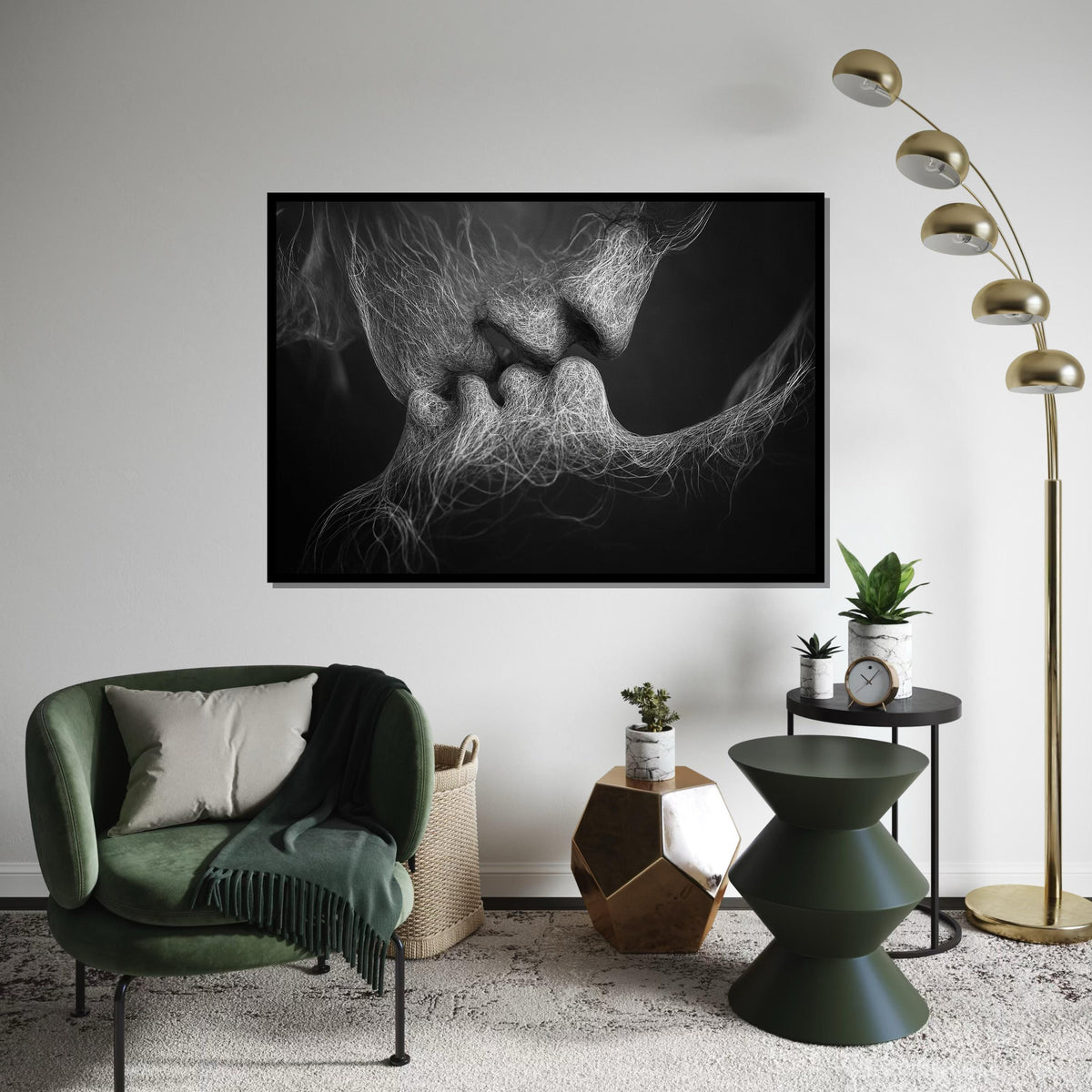 Abstract Lovers Canvas, Intimate Art Print, Surreal Black and White Wall Art, Emotive Kiss Canvas Design, Ready to Hang Contemporary Decor