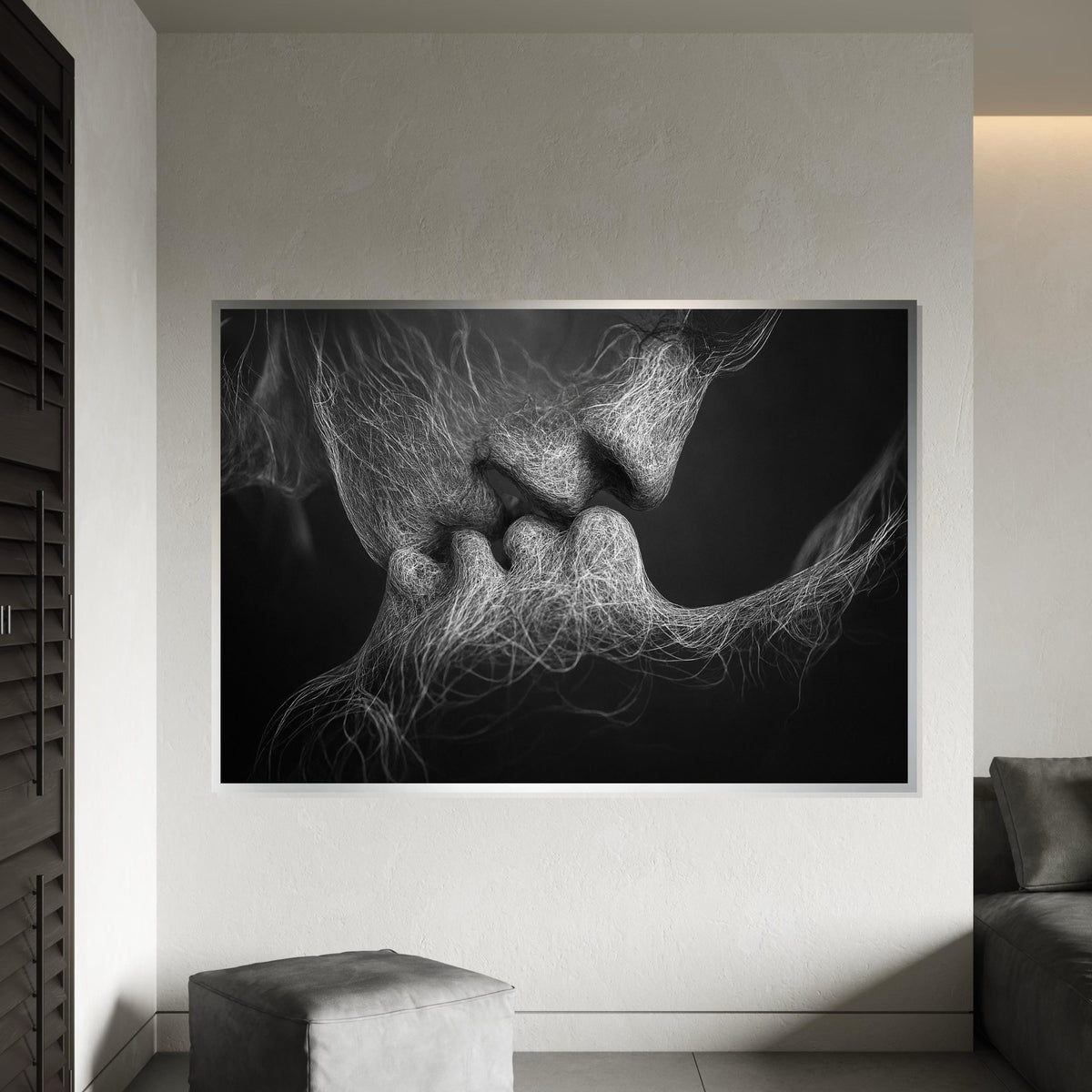 Abstract Lovers Canvas, Intimate Art Print, Surreal Black and White Wall Art, Emotive Kiss Canvas Design, Ready to Hang Contemporary Decor