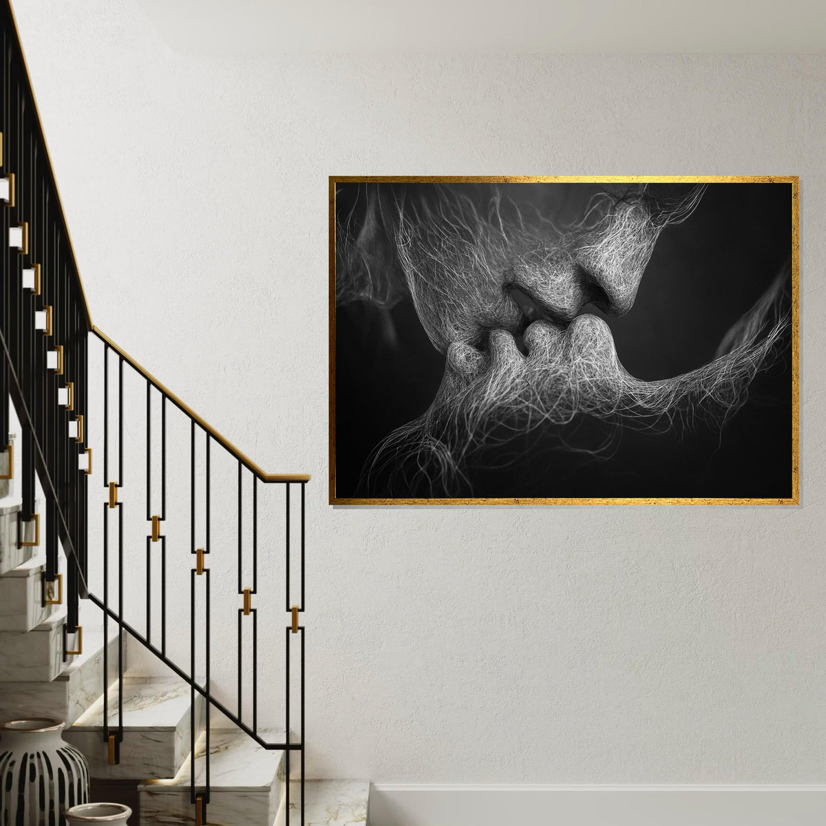 Abstract Lovers Canvas, Intimate Art Print, Surreal Black and White Wall Art, Emotive Kiss Canvas Design, Ready to Hang Contemporary Decor