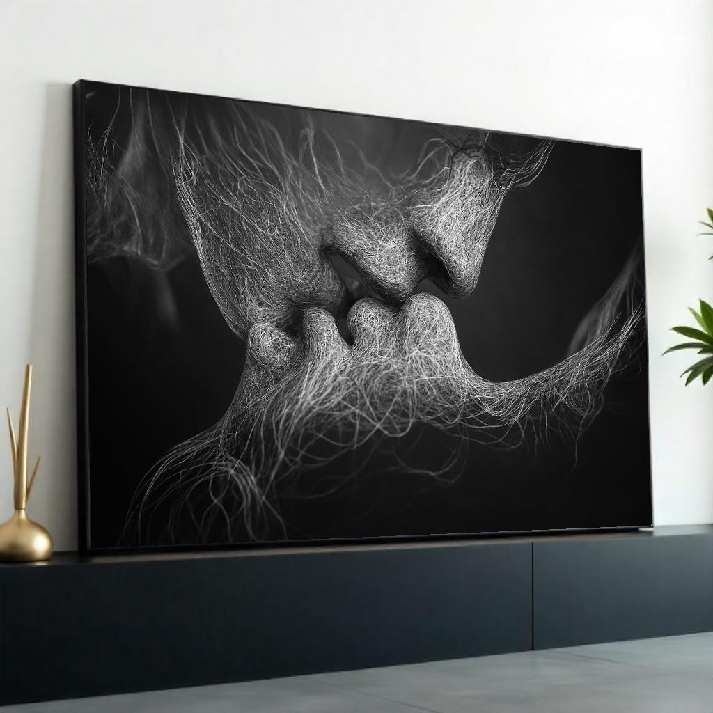 Abstract Lovers Canvas, Intimate Art Print, Surreal Black and White Wall Art, Emotive Kiss Canvas Design, Ready to Hang Contemporary Decor