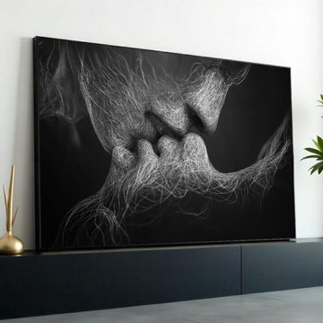 Abstract Lovers Canvas, Intimate Art Print, Surreal Black and White Wall Art, Emotive Kiss Canvas Design, Ready to Hang Contemporary Decor