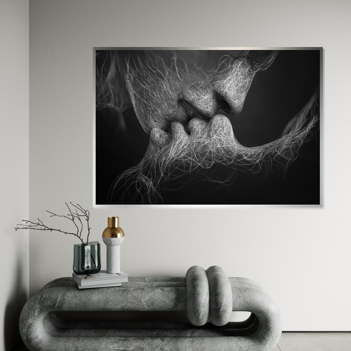 Abstract Lovers Canvas, Intimate Art Print, Surreal Black and White Wall Art, Emotive Kiss Canvas Design, Ready to Hang Contemporary Decor
