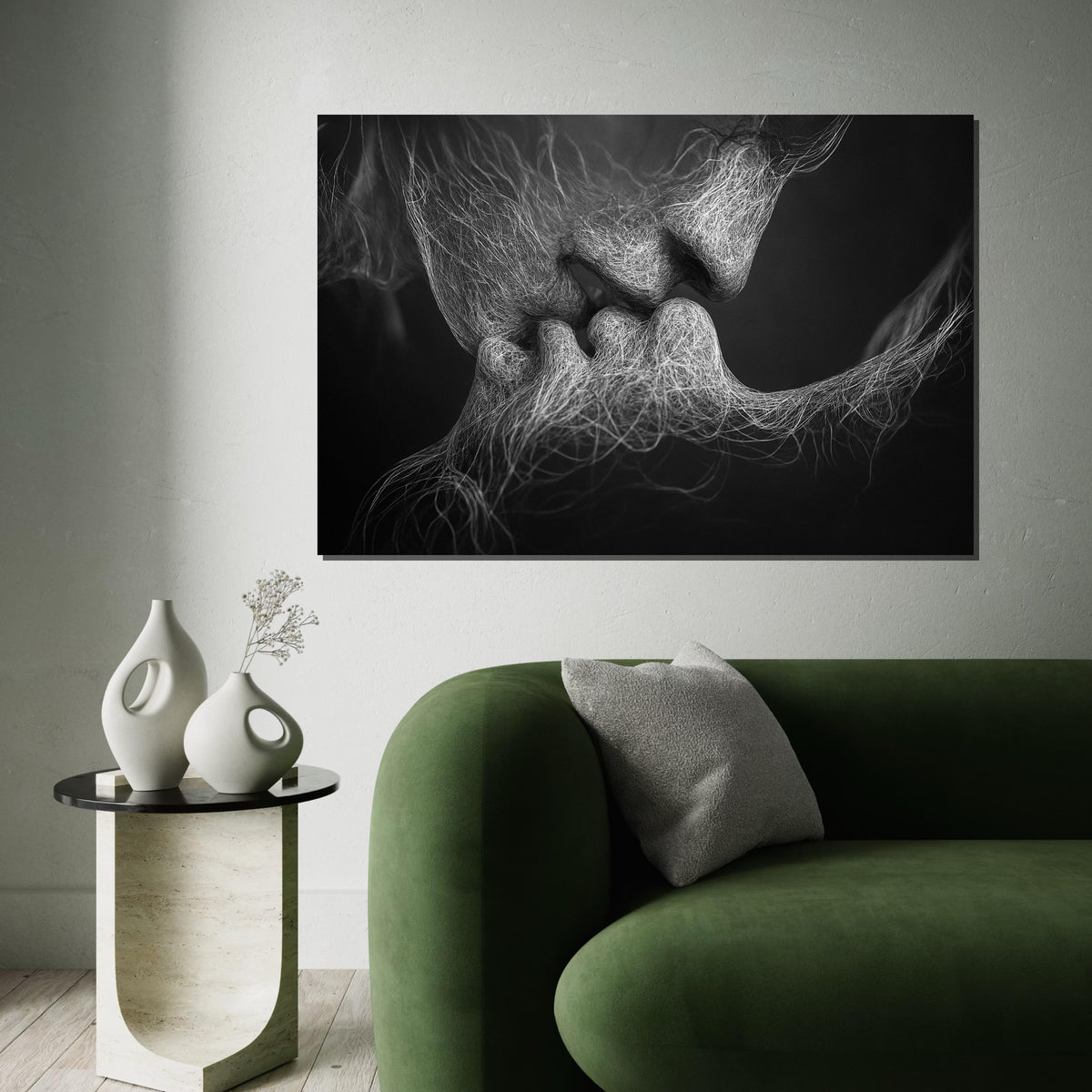 Abstract Lovers Canvas, Intimate Art Print, Surreal Black and White Wall Art, Emotive Kiss Canvas Design, Ready to Hang Contemporary Decor