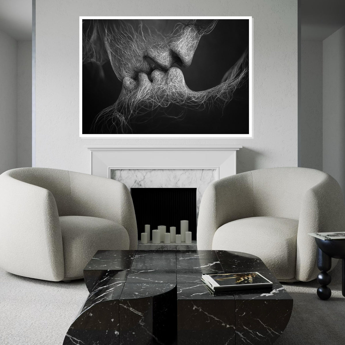 Abstract Lovers Canvas, Intimate Art Print, Surreal Black and White Wall Art, Emotive Kiss Canvas Design, Ready to Hang Contemporary Decor