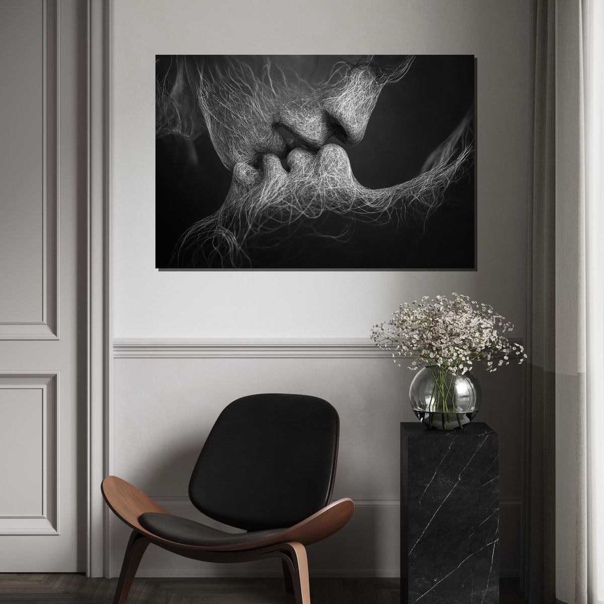 Abstract Lovers Canvas, Intimate Art Print, Surreal Black and White Wall Art, Emotive Kiss Canvas Design, Ready to Hang Contemporary Decor