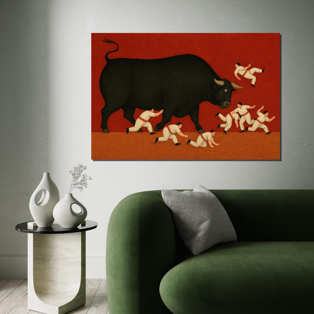 Giant Bull Canvas Art, Bull Running Wall Print, Surreal Bull Poster, Bold Art Canvas Design, Ready to Hang, Action Scene Wall Decor