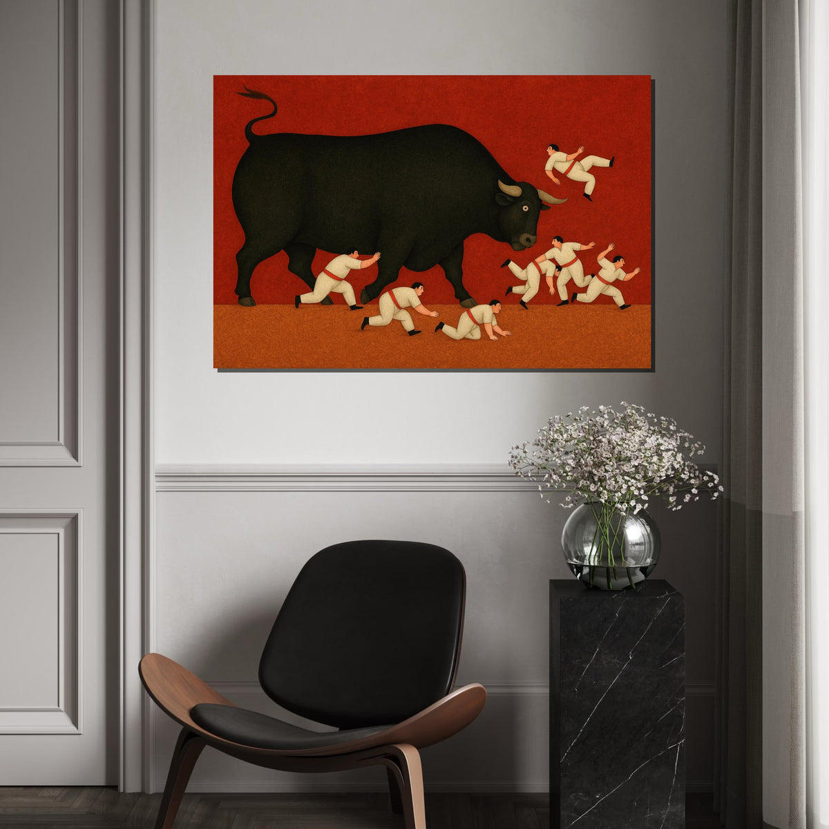 Giant Bull Canvas Art, Bull Running Wall Print, Surreal Bull Poster, Bold Art Canvas Design, Ready to Hang, Action Scene Wall Decor