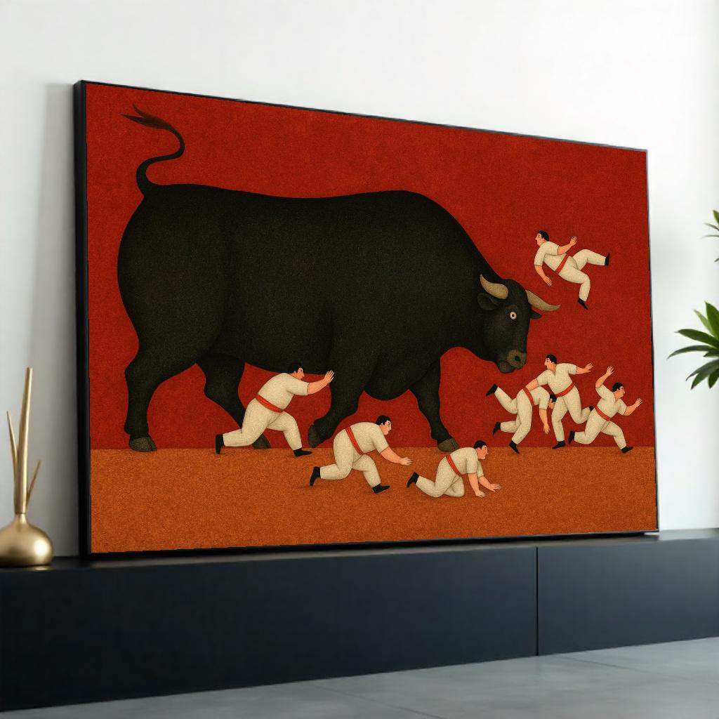 Giant Bull Canvas Art, Bull Running Wall Print, Surreal Bull Poster, Bold Art Canvas Design, Ready to Hang, Action Scene Wall Decor