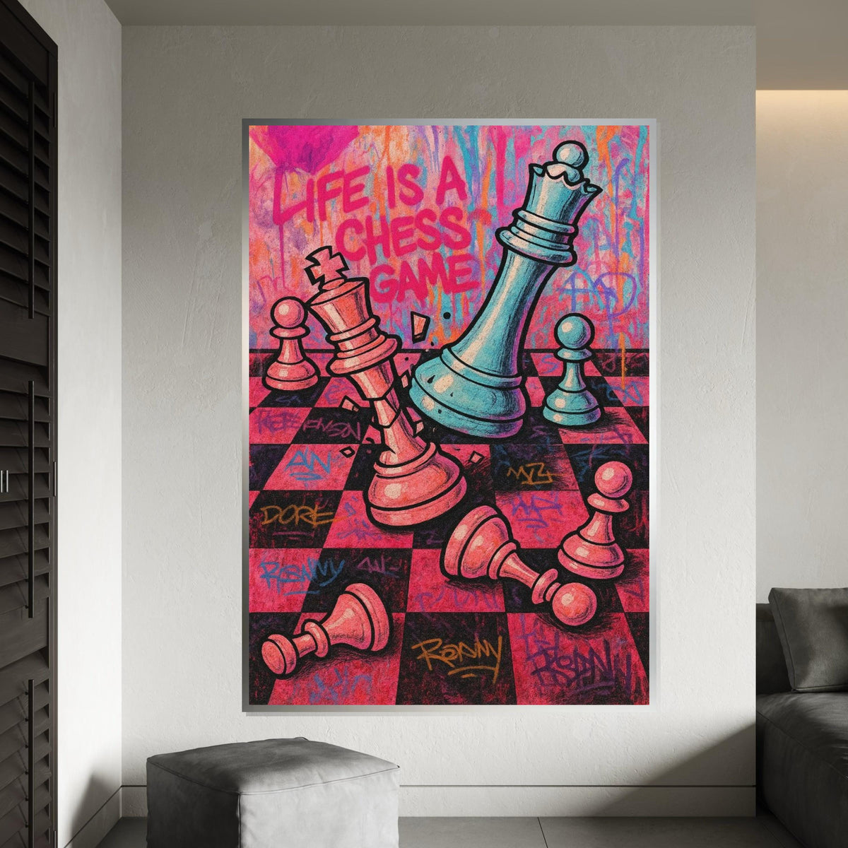Life Chess Canvas, Chess Game Wall Art, Colorful Graffiti Chess Print, Abstract Art, Wall Art Canvas Design, Ready To Hang Decoration