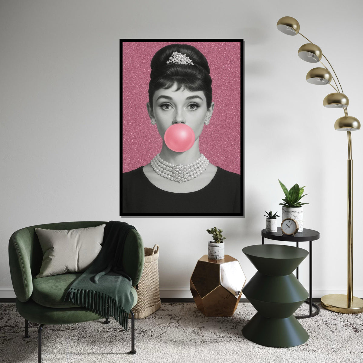 Audrey Hepburn Bubblegum Canvas, Elegant Pop Art Print, Pink Glam Wall Art, Vintage Hollywood Icon Poster, Ready to Hang Feminine Decor