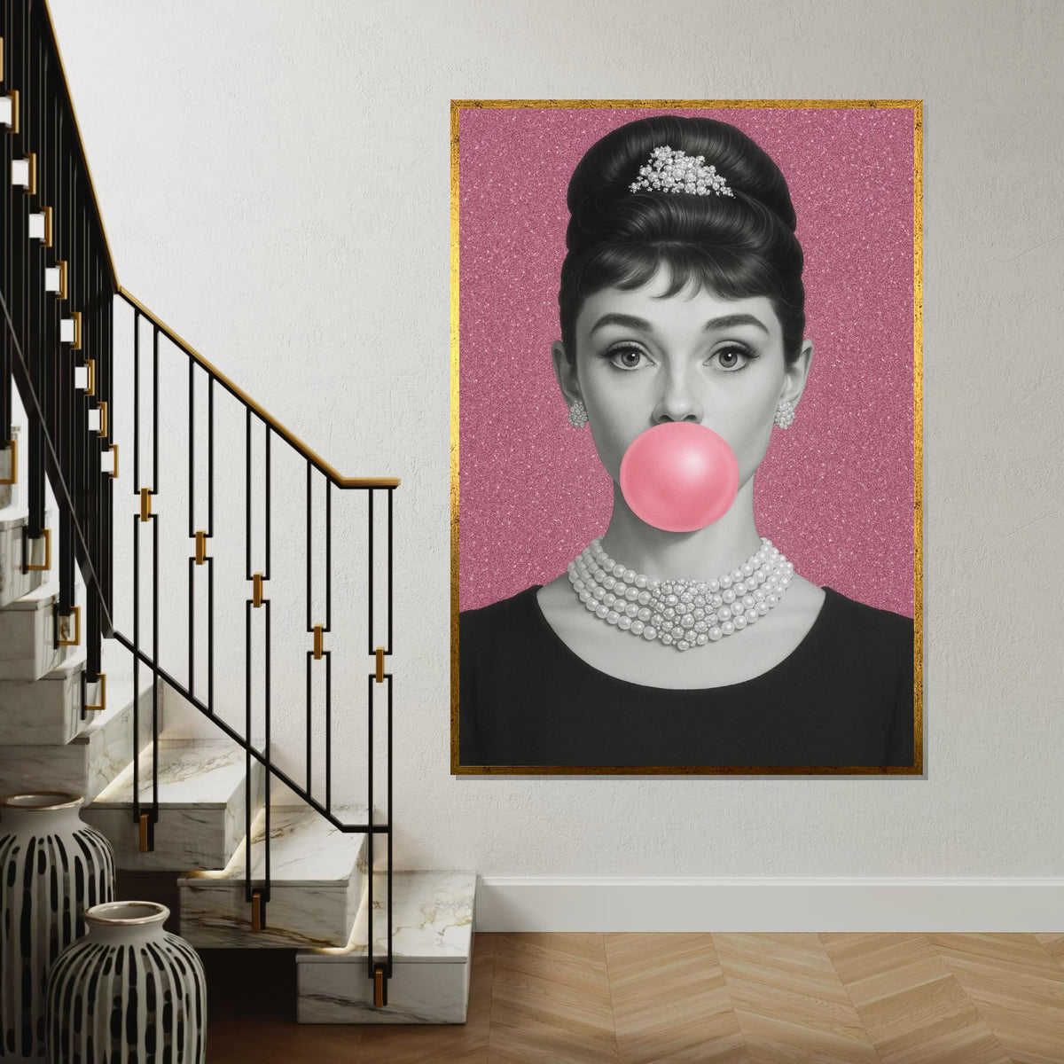Audrey Hepburn Bubblegum Canvas, Elegant Pop Art Print, Pink Glam Wall Art, Vintage Hollywood Icon Poster, Ready to Hang Feminine Decor