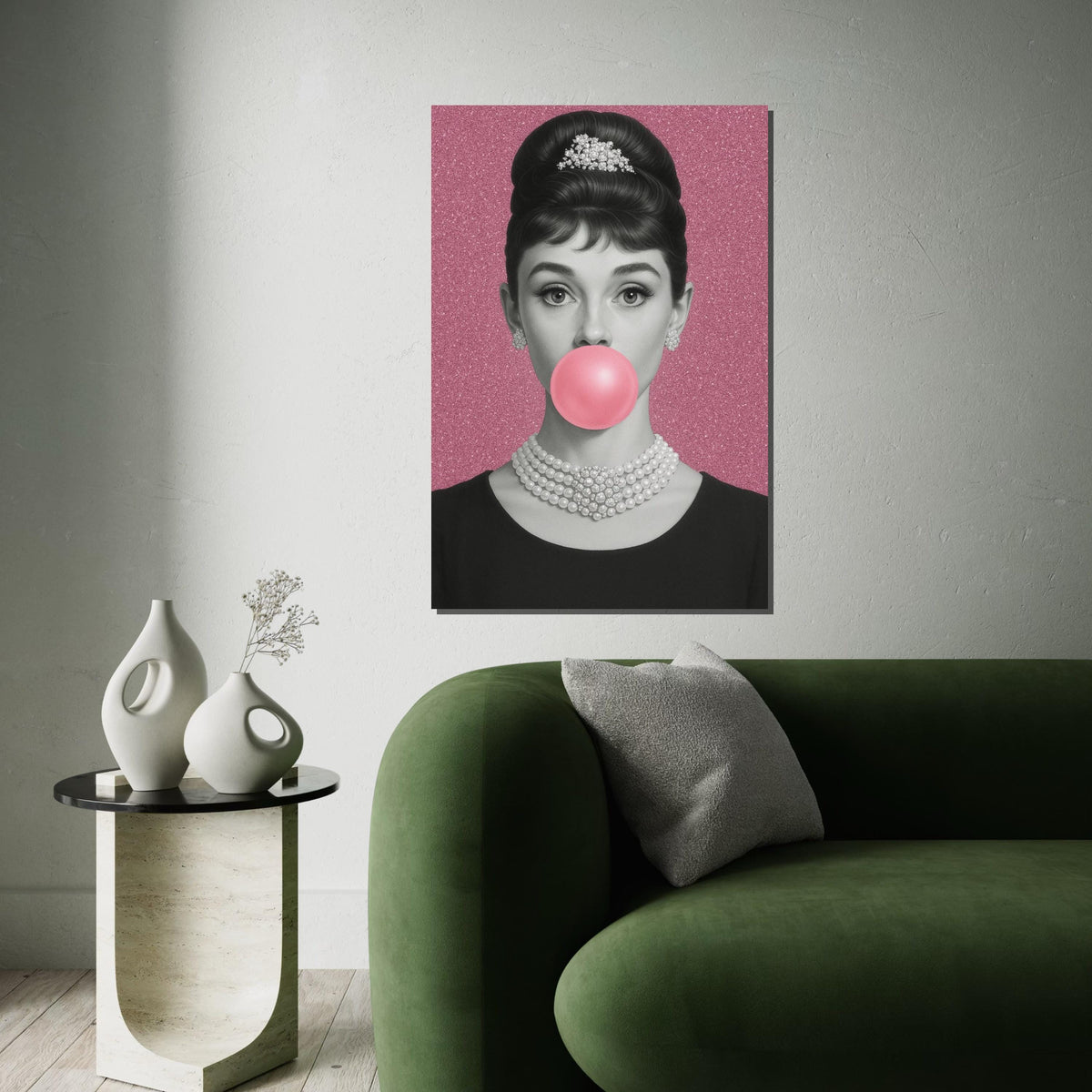 Audrey Hepburn Bubblegum Canvas, Elegant Pop Art Print, Pink Glam Wall Art, Vintage Hollywood Icon Poster, Ready to Hang Feminine Decor