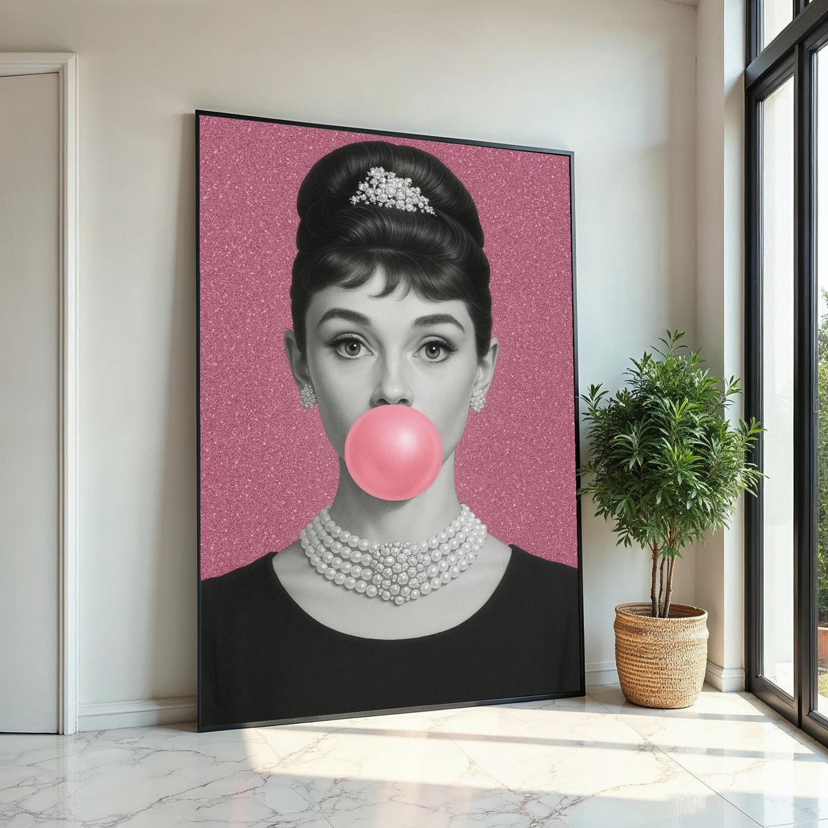 Audrey Hepburn Bubblegum Canvas, Elegant Pop Art Print, Pink Glam Wall Art, Vintage Hollywood Icon Poster, Ready to Hang Feminine Decor
