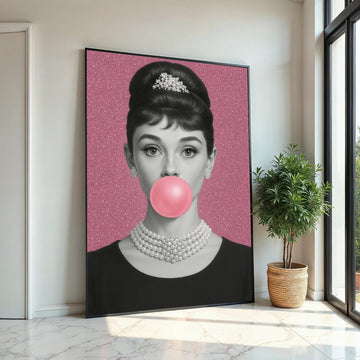 Audrey Hepburn Bubblegum Canvas, Elegant Pop Art Print, Pink Glam Wall Art, Vintage Hollywood Icon Poster, Ready to Hang Feminine Decor