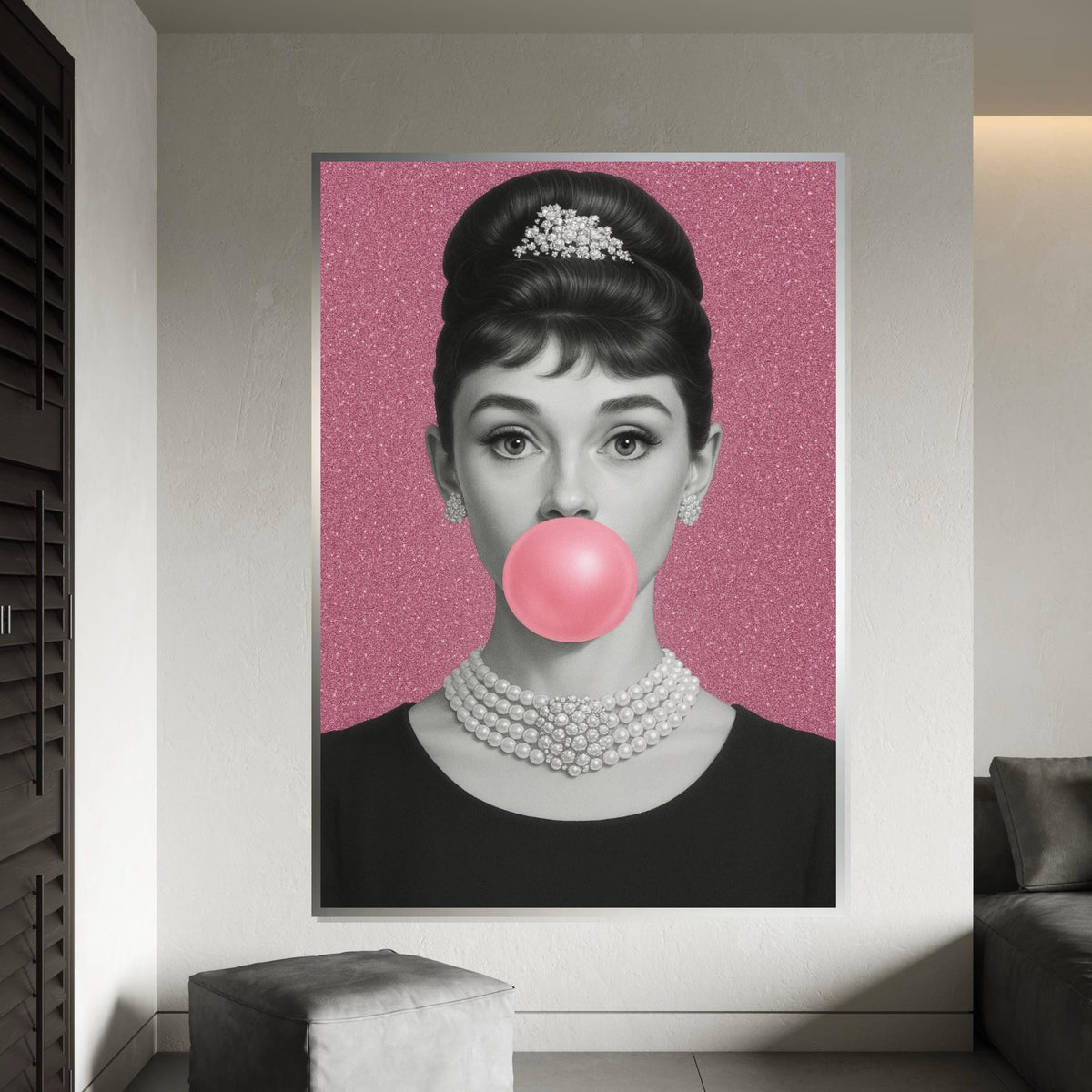 Audrey Hepburn Bubblegum Canvas, Elegant Pop Art Print, Pink Glam Wall Art, Vintage Hollywood Icon Poster, Ready to Hang Feminine Decor