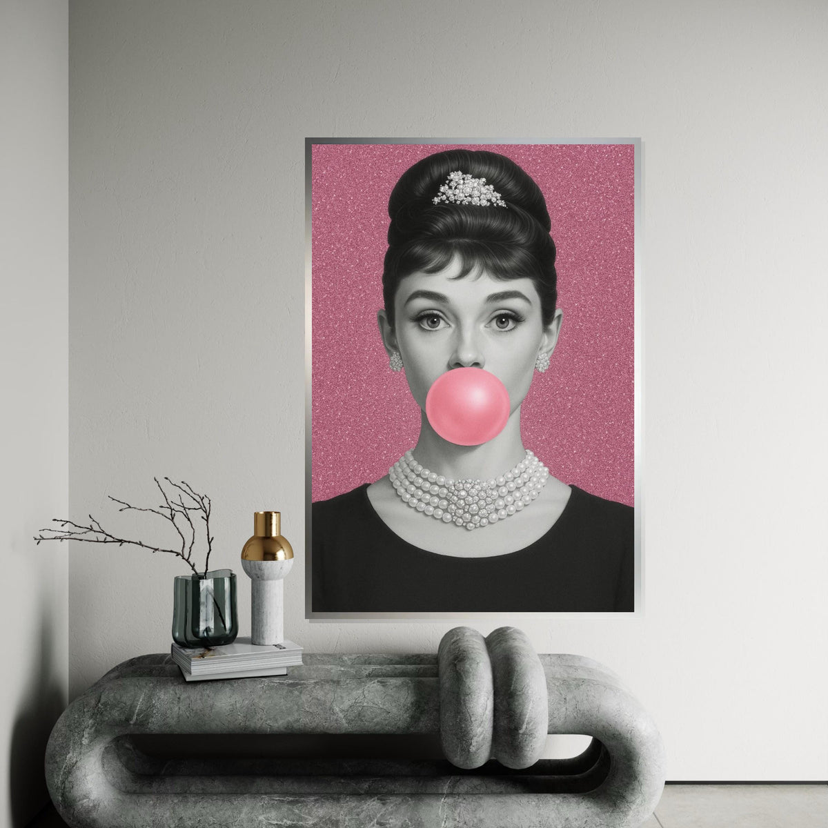 Audrey Hepburn Bubblegum Canvas, Elegant Pop Art Print, Pink Glam Wall Art, Vintage Hollywood Icon Poster, Ready to Hang Feminine Decor