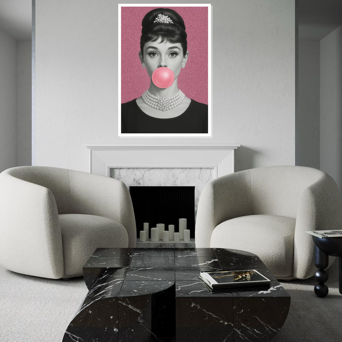 Audrey Hepburn Bubblegum Canvas, Elegant Pop Art Print, Pink Glam Wall Art, Vintage Hollywood Icon Poster, Ready to Hang Feminine Decor