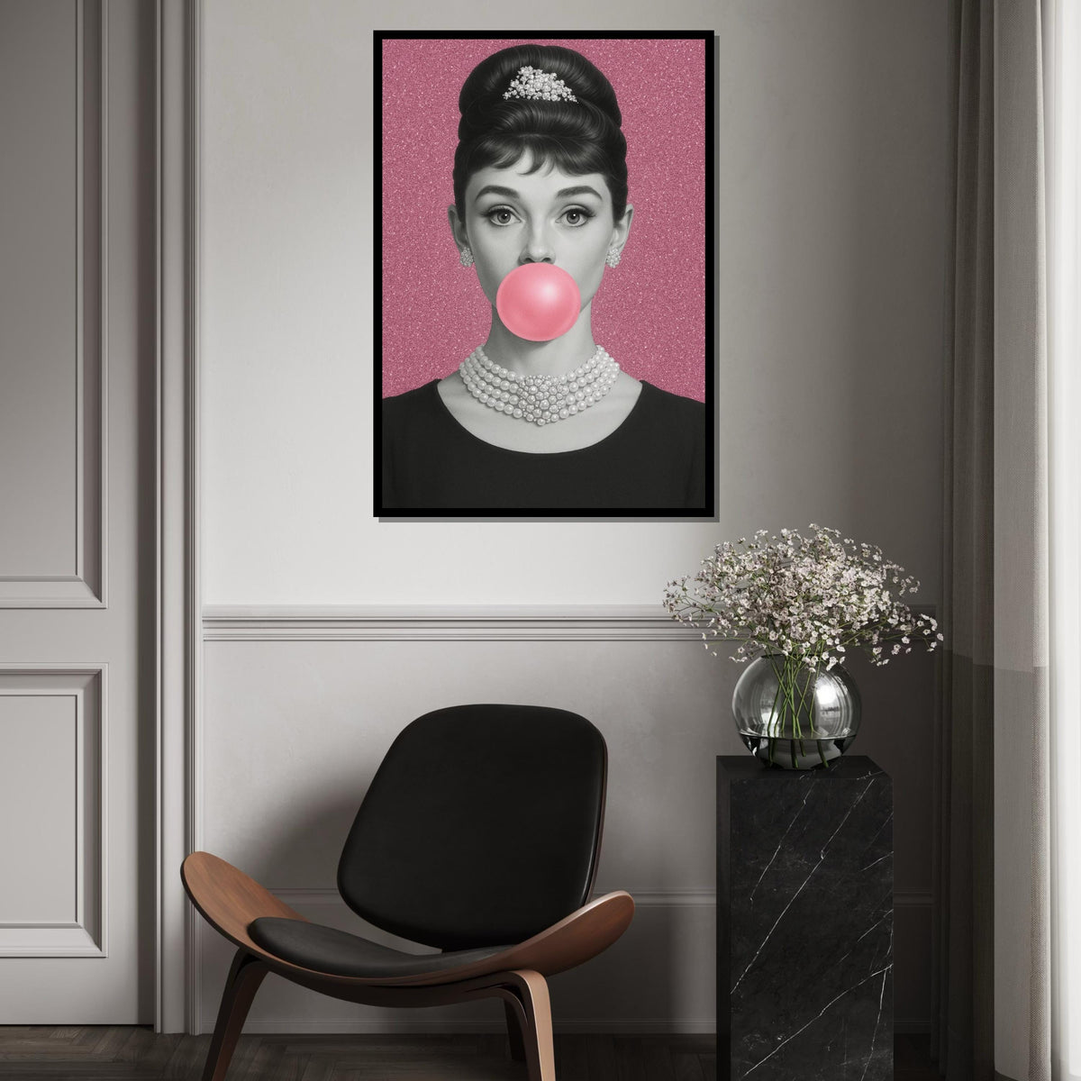 Audrey Hepburn Bubblegum Canvas, Elegant Pop Art Print, Pink Glam Wall Art, Vintage Hollywood Icon Poster, Ready to Hang Feminine Decor